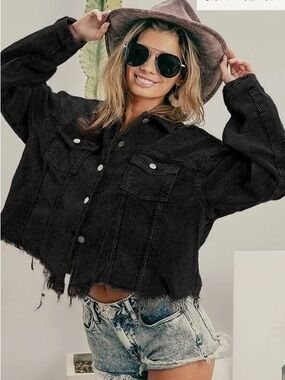 BiBi Black Cropped Corduroy Button-Up Jacket